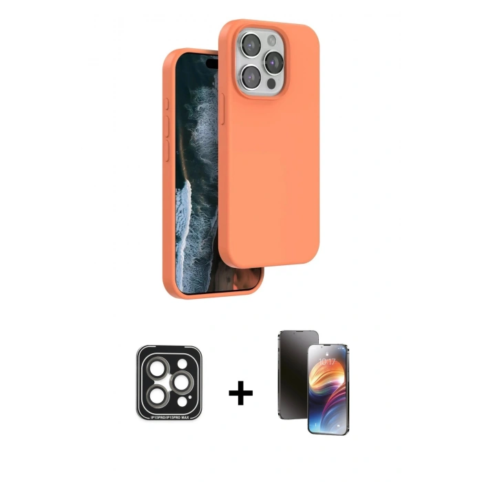 MARSİLYAN™- iPhone 15 Pro Max Kılıf Kıvılcım Çizgi Serisi - Siyah 3D Antistatik Mat Seramik Nano Ekran Koruyucu + Gri PVD Metal Kamera Lens