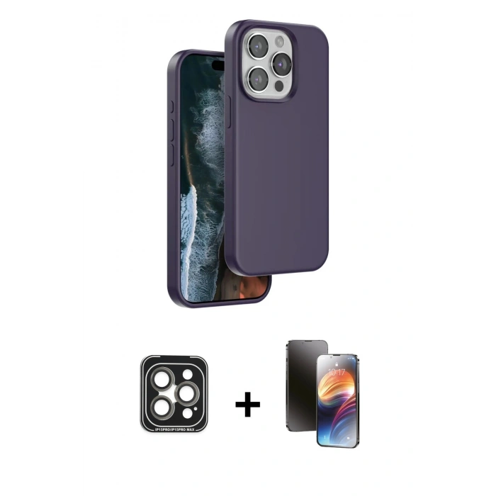 MARSİLYAN™- iPhone 15 Pro Max Kılıf Kıvılcım Çizgi Serisi - Siyah 3D Antistatik Mat Seramik Nano Ekran Koruyucu + Gri PVD Metal Kamera Lens