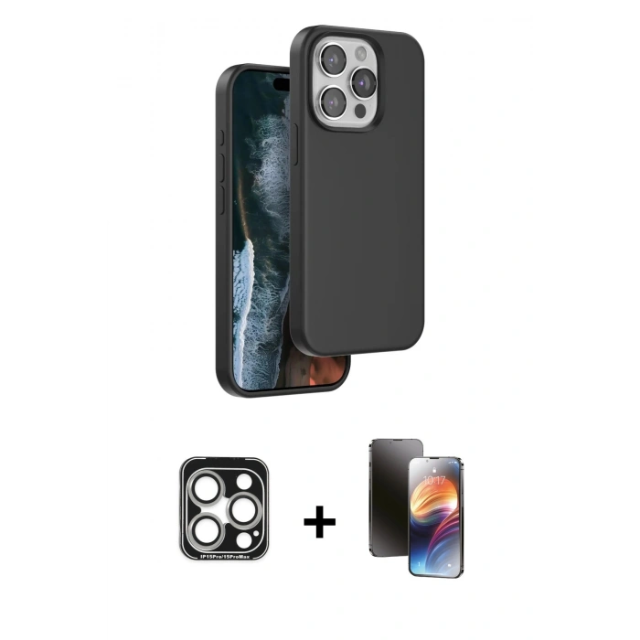 MARSİLYAN™- iPhone 15 Pro Max Kılıf Kıvılcım Çizgi Serisi - Siyah 3D Antistatik Mat Seramik Nano Ekran Koruyucu + PVD Metal Kamera Lens - GS