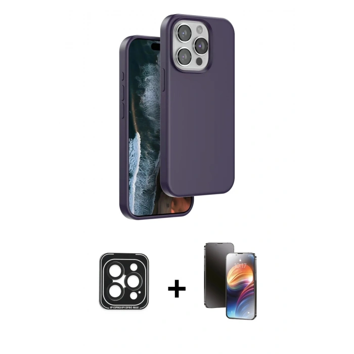 MARSİLYAN™- iPhone 15 Pro Max Kılıf Kıvılcım Çizgi Serisi - Siyah 3D Antistatik Mat Seramik Nano Ekran Koruyucu + PVD Metal Kamera Lens - SH
