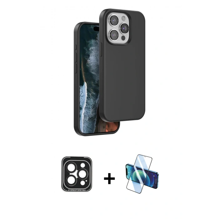 MARSİLYAN™- iPhone 15 Pro Max Kılıf Kıvılcım Çizgi Serisi - Siyah 3D Antistatik Seramik Nano Ekran Koruyucu + PVD Metal Kamera Lens - SH
