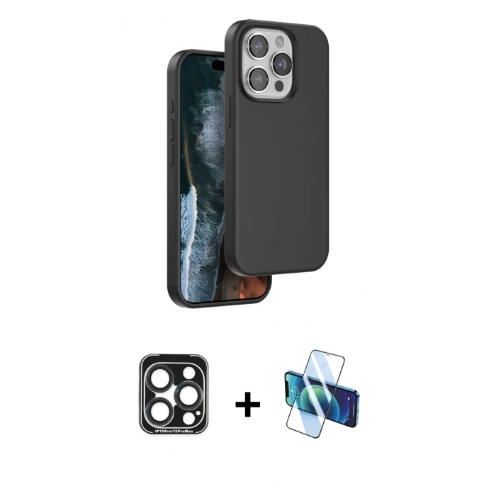 MARSİLYAN™- iPhone 15 Pro Max Kılıf Kıvılcım Çizgi Serisi - Siyah 3D Antistatik Seramik Nano Ekran Koruyucu + PVD Metal Kamera Lens - LT