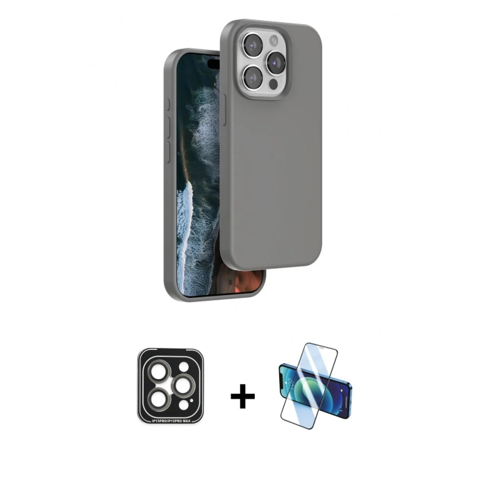 MARSİLYAN™- iPhone 15 Pro Max Kılıf Kıvılcım Çizgi Serisi - Siyah 3D Antistatik Seramik Nano Ekran Koruyucu + Gri PVD Metal Kamera Lens