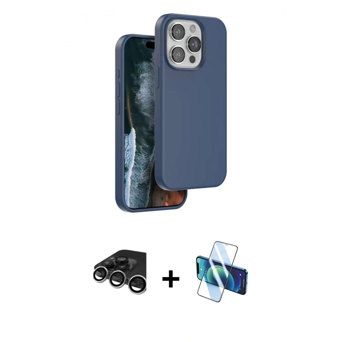 MARSİLYAN™- iPhone 15 Pro Max Kılıf Kıvılcım Çizgi Serisi - Siyah 3D Antistatik Seramik Nano Ekran Koruyucu + Gümüş Raze Metal Kamera Lens