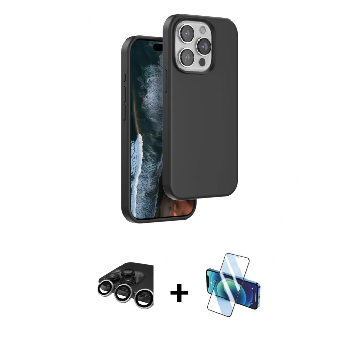 MARSİLYAN™- iPhone 15 Pro Max Kılıf Kıvılcım Çizgi Serisi - Siyah 3D Antistatik Seramik Nano Ekran Koruyucu + Gümüş Raze Metal Kamera Lens