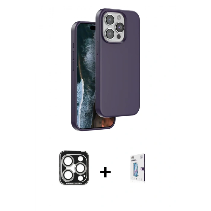 MARSİLYAN™- iPhone 15 Pro Max Kılıf Kıvılcım Çizgi Serisi - Siyah Bilvis 0.18mm Plus Cam Ekran Koruyucu + Gümüş PVD Metal Kamera Lens