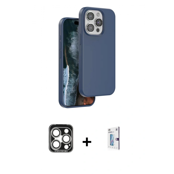 MARSİLYAN™- iPhone 15 Pro Max Kılıf Kıvılcım Çizgi Serisi - Siyah Bilvis 0.18mm Plus Cam Ekran Koruyucu + Gümüş PVD Metal Kamera Lens