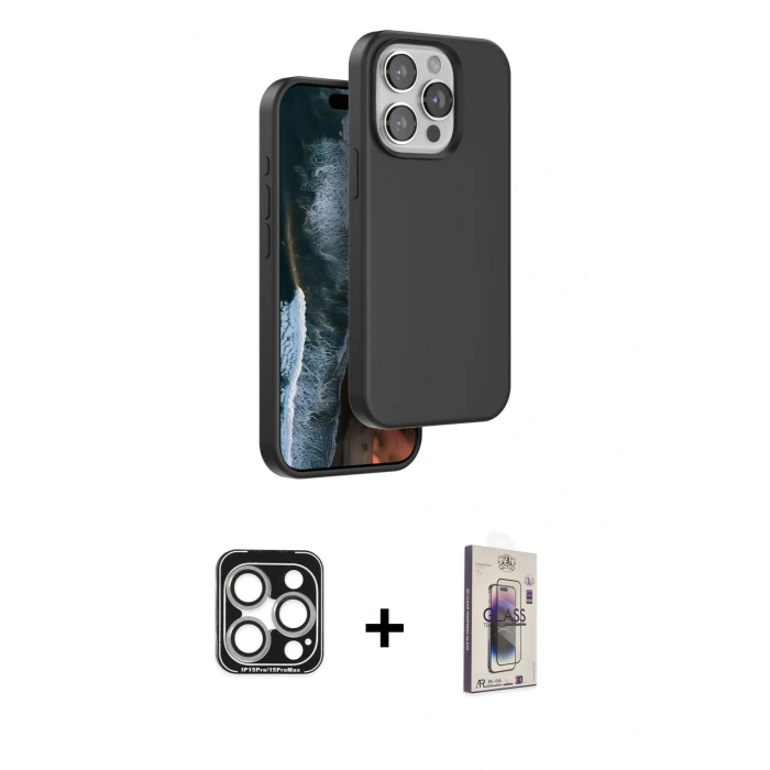MARSİLYAN™- iPhone 15 Pro Max Kılıf Kıvılcım Çizgi Serisi - Siyah Bilvis 3D Cam Ekran Koruyucu + PVD Metal Kamera Lens - GS