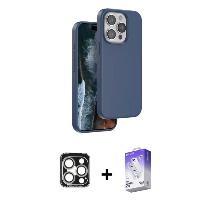 MARSİLYAN™- iPhone 15 Pro Max Kılıf Kıvılcım Çizgi Serisi - Siyah Bilvis 5in1 3D Magic Cam Ekran Koruyucu + Gümüş PVD Metal Kamera Lens