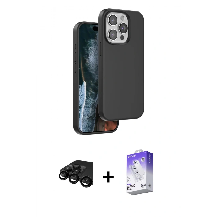 MARSİLYAN™- iPhone 15 Pro Max Kılıf Kıvılcım Çizgi Serisi - Siyah Bilvis 5in1 3D Magic Cam Ekran Koruyucu + Raze Metal Kamera Lens - SH