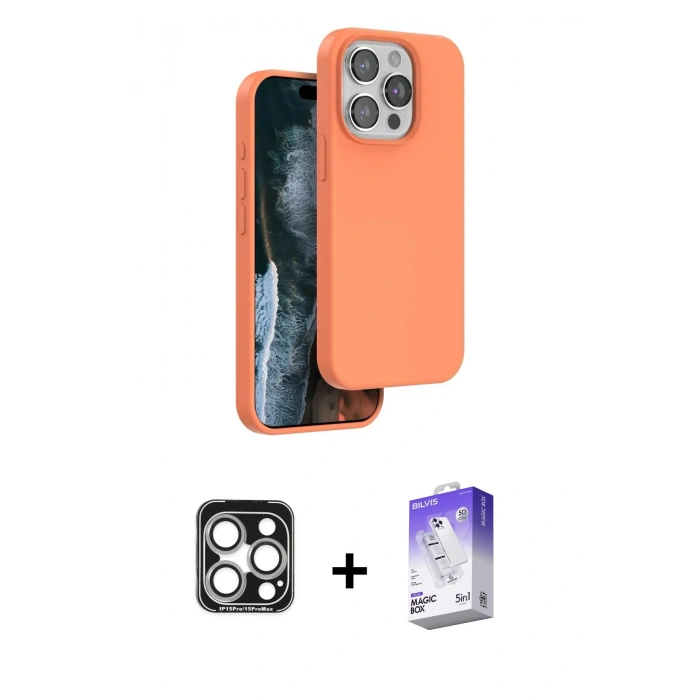 MARSİLYAN™- iPhone 15 Pro Max Kılıf Kıvılcım Çizgi Serisi - Siyah Bilvis 5in1 3D Magic Cam Ekran Koruyucu + Gümüş PVD Metal Kamera Lens