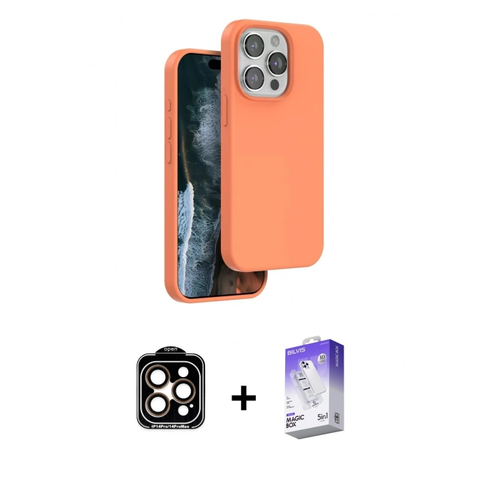 MARSİLYAN™- iPhone 15 Pro Max Kılıf Kıvılcım Çizgi Serisi - Siyah Bilvis 5in1 3D Magic Cam Ekran Koruyucu + Turuncu PVD Metal Kamera Lens