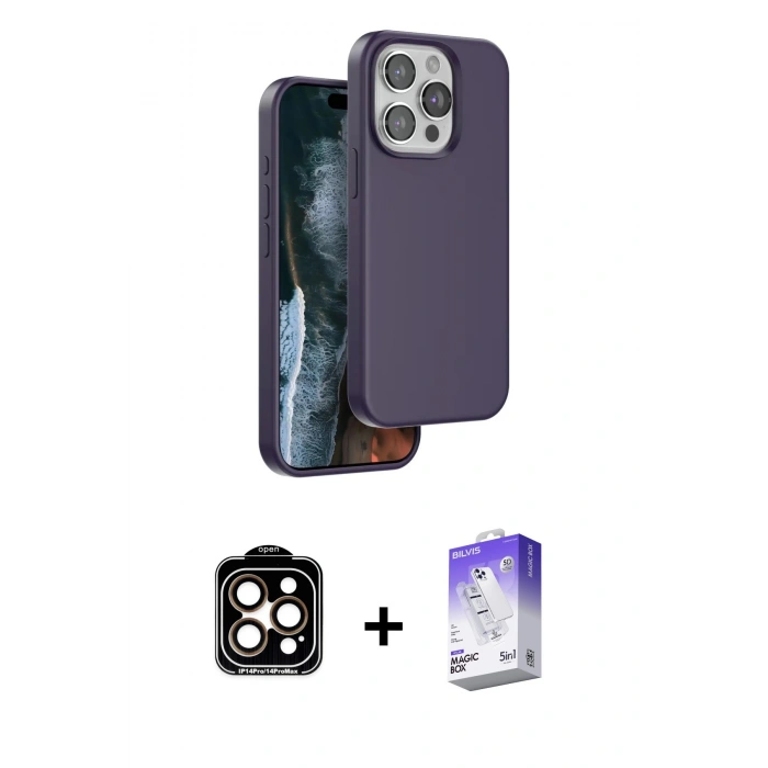 MARSİLYAN™- iPhone 15 Pro Max Kılıf Kıvılcım Çizgi Serisi - Siyah Bilvis 5in1 3D Magic Cam Ekran Koruyucu + Turuncu PVD Metal Kamera Lens