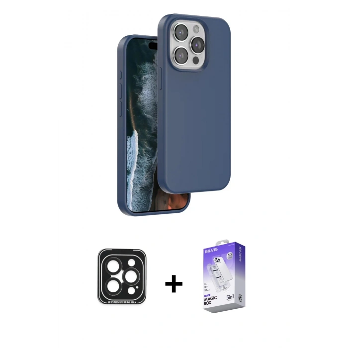 MARSİLYAN™- iPhone 15 Pro Max Kılıf Kıvılcım Çizgi Serisi - Siyah Bilvis 5in1 3D Magic Cam Ekran Koruyucu + PVD Metal Kamera Lens - SH