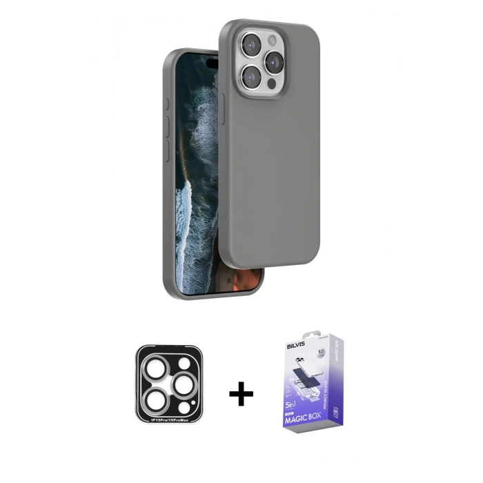MARSİLYAN™- iPhone 15 Pro Max Kılıf Kıvılcım Çizgi Serisi - Siyah Bilvis 5in1 5D Magic Hayalet Cam Ekran Koruyucu + PVD Metal Kamera Lens - GS