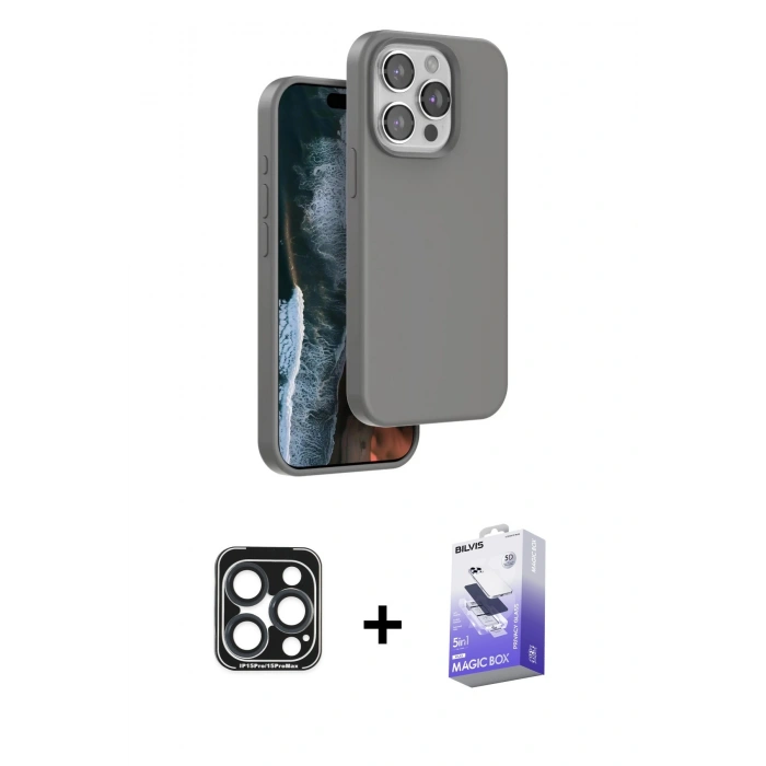 MARSİLYAN™- iPhone 15 Pro Max Kılıf Kıvılcım Çizgi Serisi - Siyah Bilvis 5in1 5D Magic Hayalet Cam Ekran Koruyucu + PVD Metal Kamera Lens - LT
