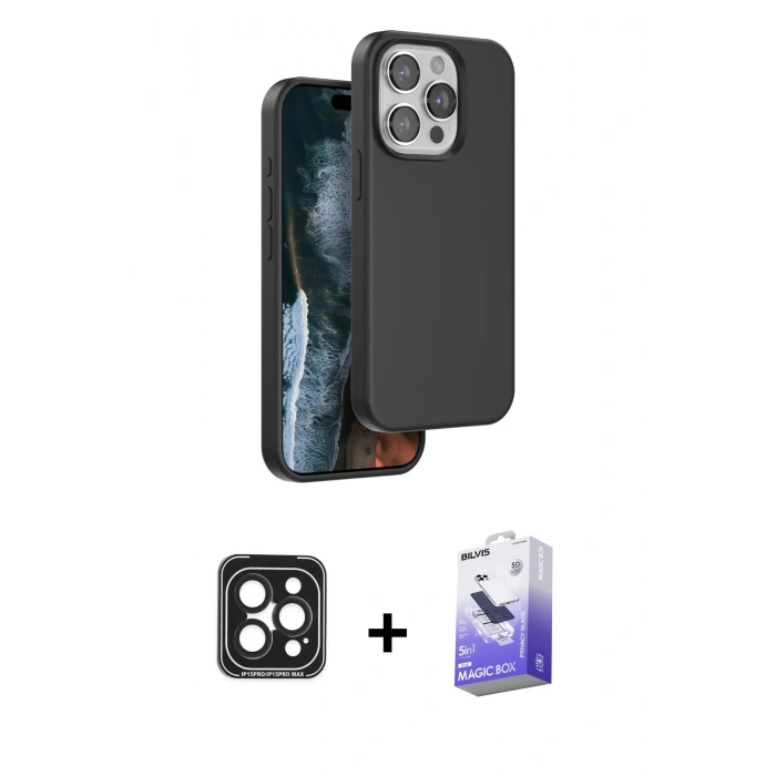 MARSİLYAN™- iPhone 15 Pro Max Kılıf Kıvılcım Çizgi Serisi - Siyah Bilvis 5in1 5D Magic Hayalet Cam Ekran Koruyucu + PVD Metal Kamera Lens - SH