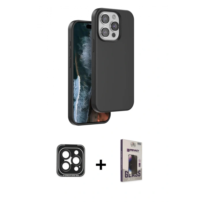 MARSİLYAN™- iPhone 15 Pro Max Kılıf Kıvılcım Çizgi Serisi - Siyah Bilvis Hayalet Cam Ekran Koruyucu + PVD Metal Kamera Lens - SH