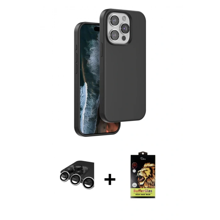MARSİLYAN™- iPhone 15 Pro Max Kılıf Kıvılcım Çizgi Serisi - Siyah Buffer Cam Ekran Koruyucu + Gümüş Raze Metal Kamera Lens