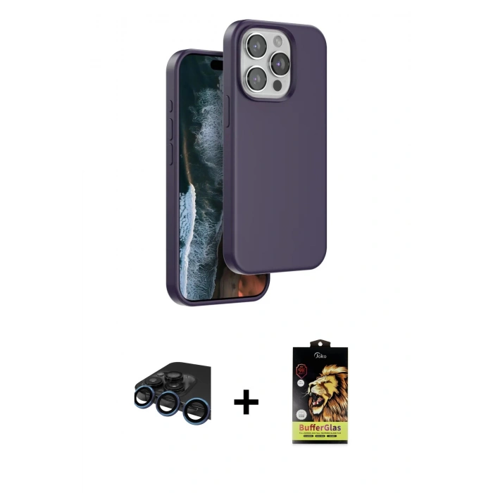 MARSİLYAN™- iPhone 15 Pro Max Kılıf Kıvılcım Çizgi Serisi - Siyah Buffer Cam Ekran Koruyucu + Raze Metal Kamera Lens - LT