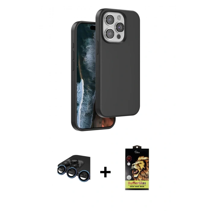 MARSİLYAN™- iPhone 15 Pro Max Kılıf Kıvılcım Çizgi Serisi - Siyah Buffer Cam Ekran Koruyucu + Raze Metal Kamera Lens - LT