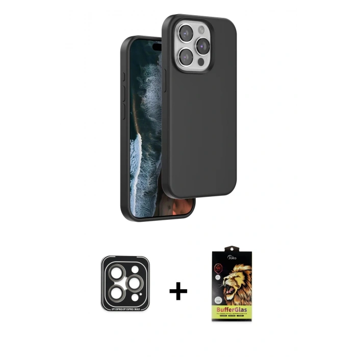 MARSİLYAN™- iPhone 15 Pro Max Kılıf Kıvılcım Çizgi Serisi - Siyah Buffer Cam Ekran Koruyucu + PVD Metal Kamera Lens - GI