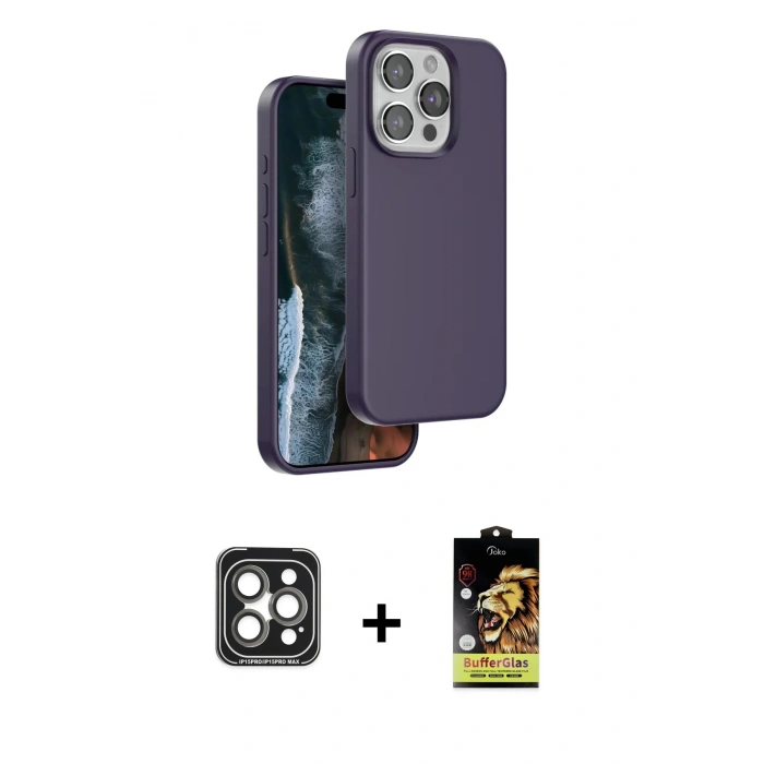 MARSİLYAN™- iPhone 15 Pro Max Kılıf Kıvılcım Çizgi Serisi - Siyah Buffer Cam Ekran Koruyucu + PVD Metal Kamera Lens - GI