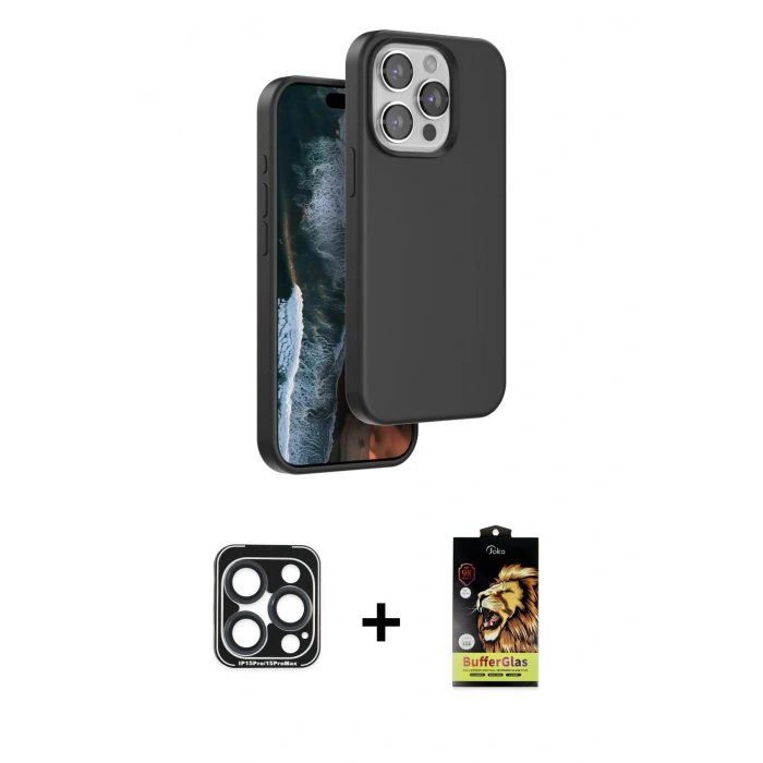 MARSİLYAN™- iPhone 15 Pro Max Kılıf Kıvılcım Çizgi Serisi - Siyah Buffer Cam Ekran Koruyucu + PVD Metal Kamera Lens - LT