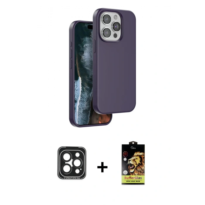 MARSİLYAN™- iPhone 15 Pro Max Kılıf Kıvılcım Çizgi Serisi - Siyah Buffer Cam Ekran Koruyucu + PVD Metal Kamera Lens - SH