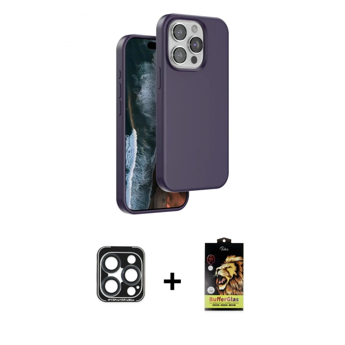 MARSİLYAN™- iPhone 15 Pro Max Kılıf Kıvılcım Çizgi Serisi - Siyah Buffer Cam Ekran Koruyucu + PVD Metal Kamera Lens - LT