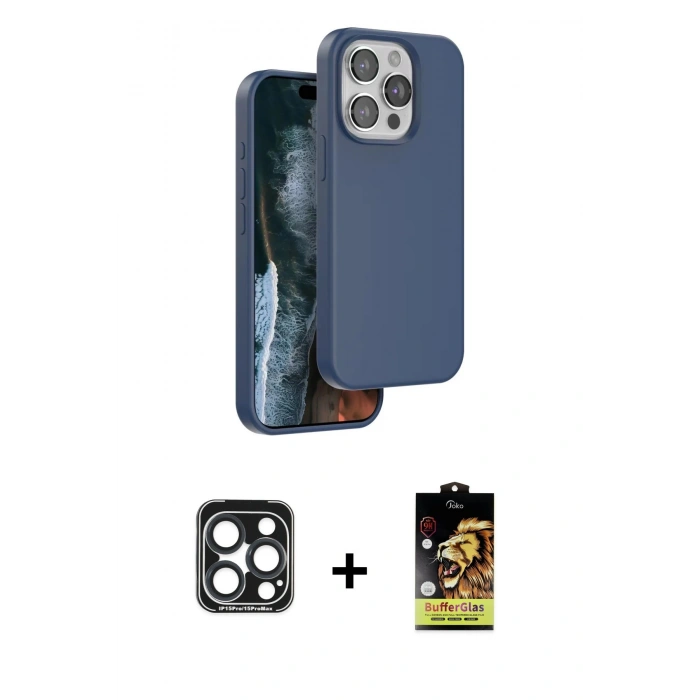 MARSİLYAN™- iPhone 15 Pro Max Kılıf Kıvılcım Çizgi Serisi - Siyah Buffer Cam Ekran Koruyucu + PVD Metal Kamera Lens - LT