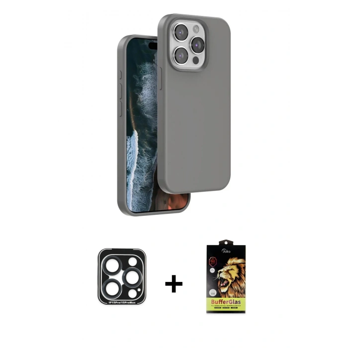 MARSİLYAN™- iPhone 15 Pro Max Kılıf Kıvılcım Çizgi Serisi - Siyah Buffer Cam Ekran Koruyucu + PVD Metal Kamera Lens - LT