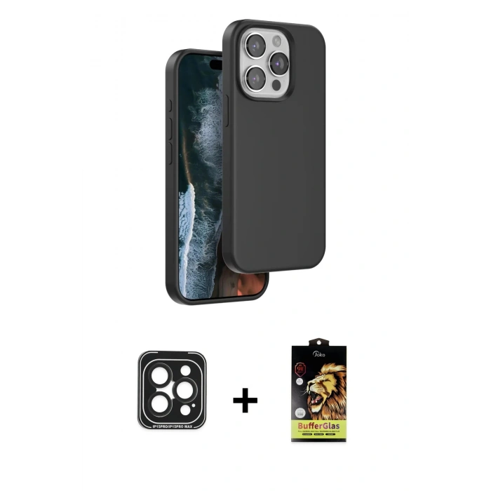 MARSİLYAN™- iPhone 15 Pro Max Kılıf Kıvılcım Çizgi Serisi - Siyah Buffer Cam Ekran Koruyucu + PVD Metal Kamera Lens - SH