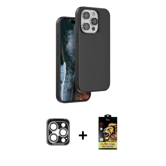 MARSİLYAN™- iPhone 15 Pro Max Kılıf Kıvılcım Çizgi Serisi - Siyah Buffer Cam Ekran Koruyucu + PVD Metal Kamera Lens - GS