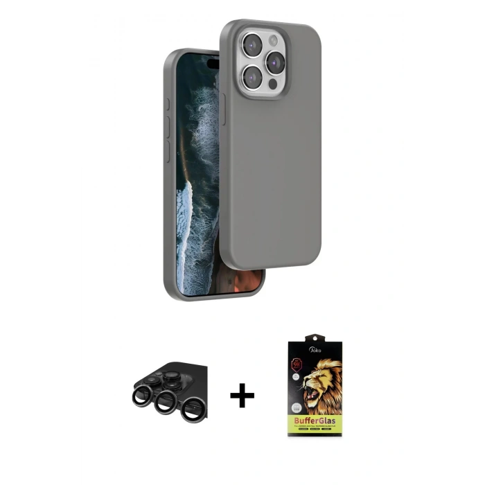 MARSİLYAN™- iPhone 15 Pro Max Kılıf Kıvılcım Çizgi Serisi - Siyah Buffer Cam Ekran Koruyucu + Raze Metal Kamera Lens - TMGI