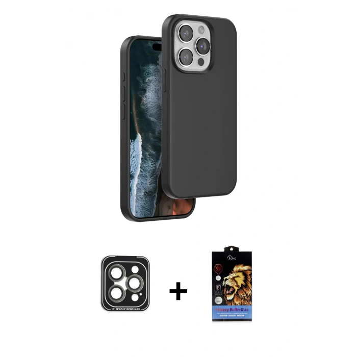 MARSİLYAN™- iPhone 15 Pro Max Kılıf Kıvılcım Çizgi Serisi - Siyah Buffer Hayalet Cam Ekran Koruyucu + PVD Metal Kamera Lens - GI
