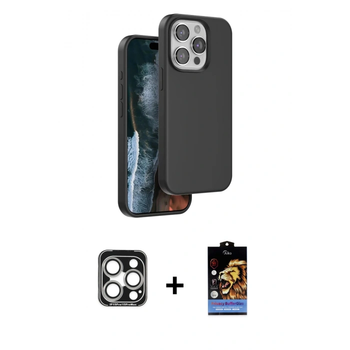 MARSİLYAN™- iPhone 15 Pro Max Kılıf Kıvılcım Çizgi Serisi - Siyah Buffer Hayalet Cam Ekran Koruyucu + PVD Metal Kamera Lens - GS