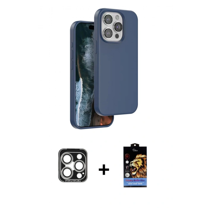 MARSİLYAN™- iPhone 15 Pro Max Kılıf Kıvılcım Çizgi Serisi - Siyah Buffer Hayalet Cam Ekran Koruyucu + PVD Metal Kamera Lens - GS