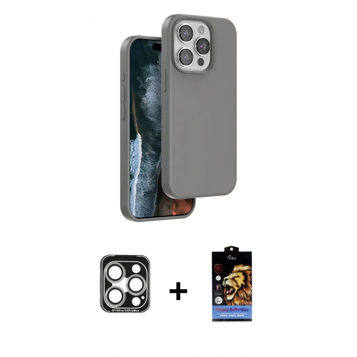 MARSİLYAN™- iPhone 15 Pro Max Kılıf Kıvılcım Çizgi Serisi - Siyah Buffer Hayalet Cam Ekran Koruyucu + PVD Metal Kamera Lens - GS