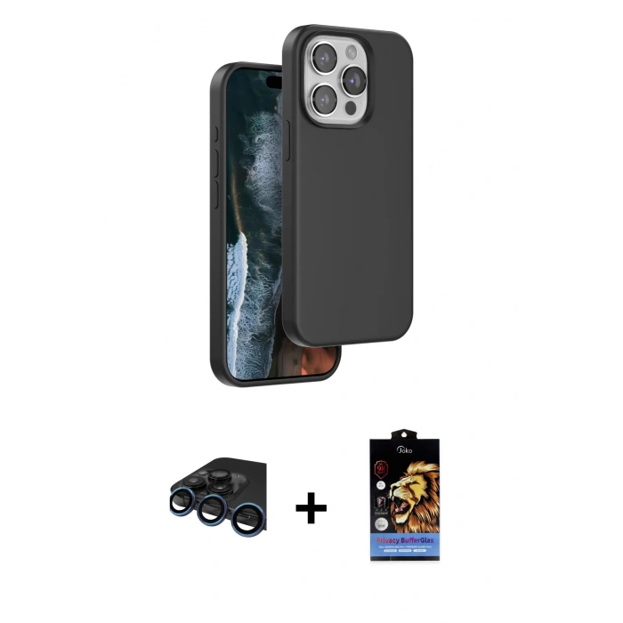 MARSİLYAN™- iPhone 15 Pro Max Kılıf Kıvılcım Çizgi Serisi - Siyah Buffer Hayalet Cam Ekran Koruyucu + Raze Metal Kamera Lens - LT