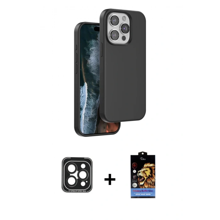 MARSİLYAN™- iPhone 15 Pro Max Kılıf Kıvılcım Çizgi Serisi - Siyah Buffer Hayalet Cam Ekran Koruyucu + Siyah PVD Metal Kamera Lens