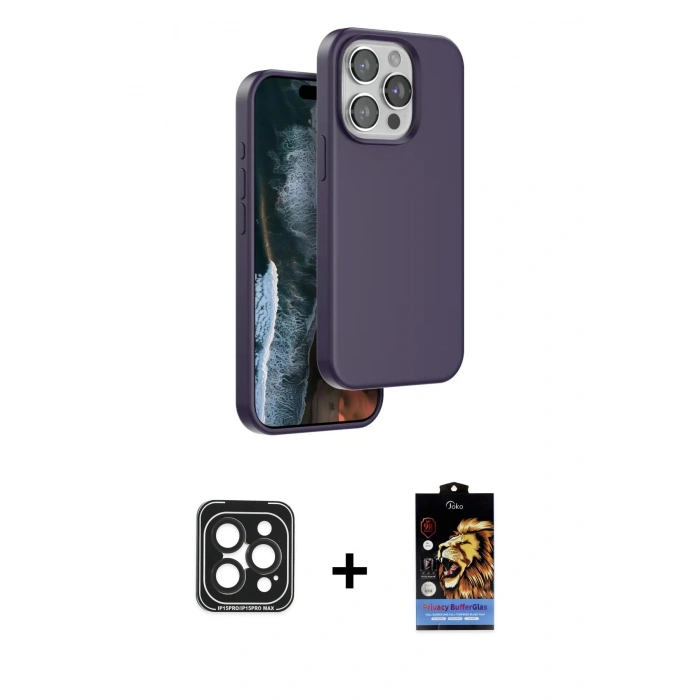 MARSİLYAN™- iPhone 15 Pro Max Kılıf Kıvılcım Çizgi Serisi - Siyah Buffer Hayalet Cam Ekran Koruyucu + Siyah PVD Metal Kamera Lens