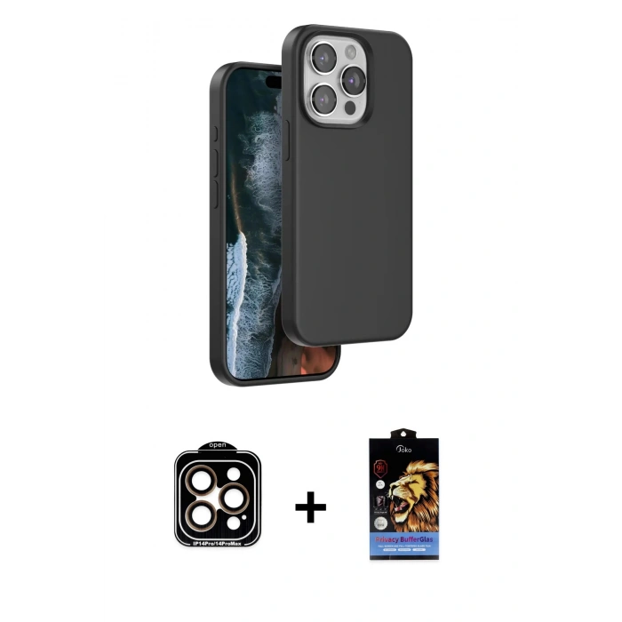 MARSİLYAN™- iPhone 15 Pro Max Kılıf Kıvılcım Çizgi Serisi - Siyah Buffer Hayalet Cam Ekran Koruyucu + Turuncu PVD Metal Kamera Lens