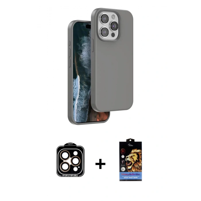 MARSİLYAN™- iPhone 15 Pro Max Kılıf Kıvılcım Çizgi Serisi - Siyah Buffer Hayalet Cam Ekran Koruyucu + Turuncu PVD Metal Kamera Lens