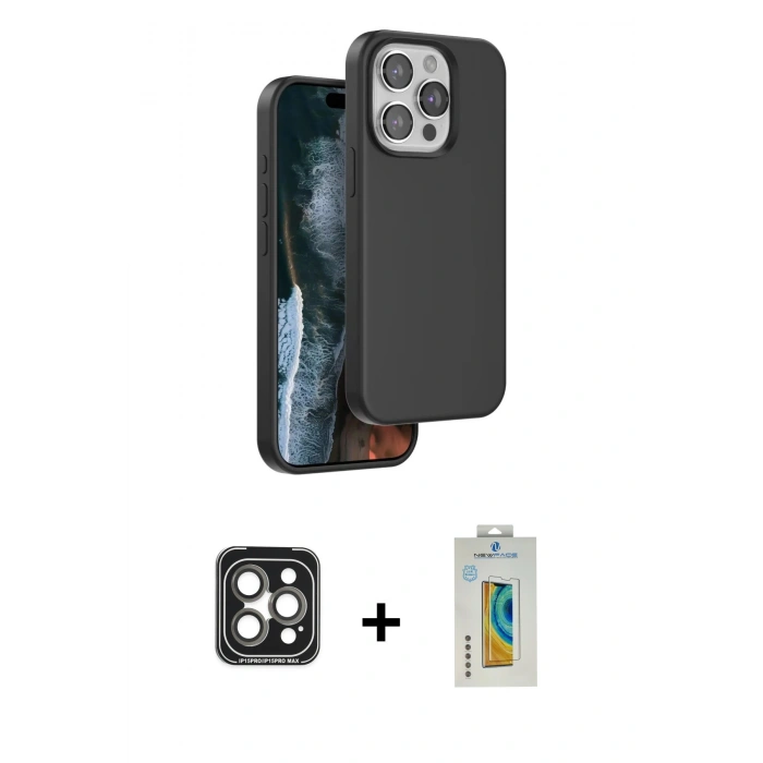 MARSİLYAN™- iPhone 15 Pro Max Kılıf Kıvılcım Çizgi Serisi - Siyah Polymer Nano Ekran Koruyucu + Gri PVD Metal Kamera Lens