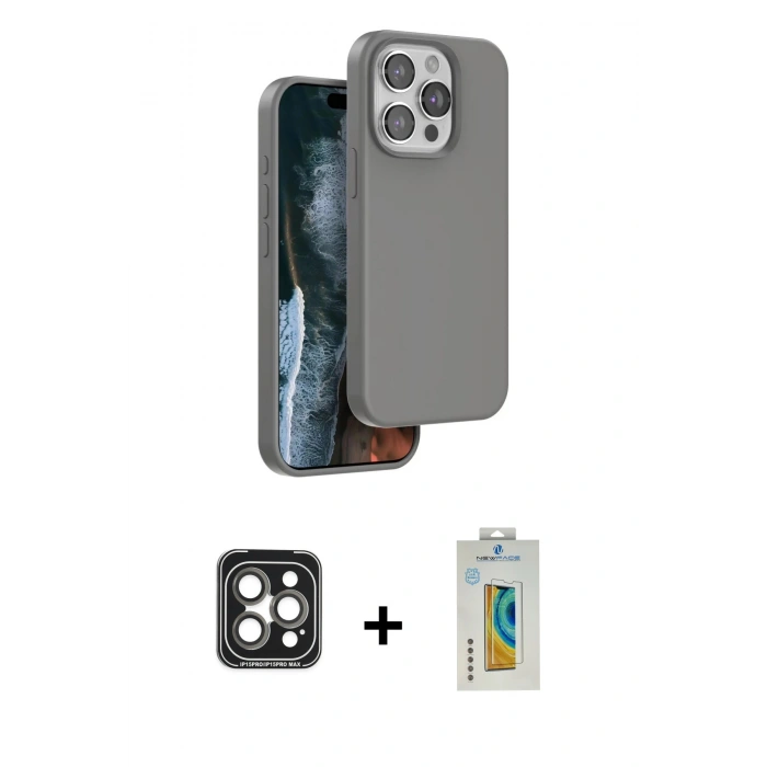 MARSİLYAN™- iPhone 15 Pro Max Kılıf Kıvılcım Çizgi Serisi - Siyah Polymer Nano Ekran Koruyucu + Gri PVD Metal Kamera Lens