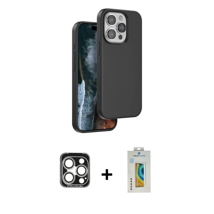 MARSİLYAN™- iPhone 15 Pro Max Kılıf Kıvılcım Çizgi Serisi - Siyah Polymer Nano Ekran Koruyucu + PVD Metal Kamera Lens - GS