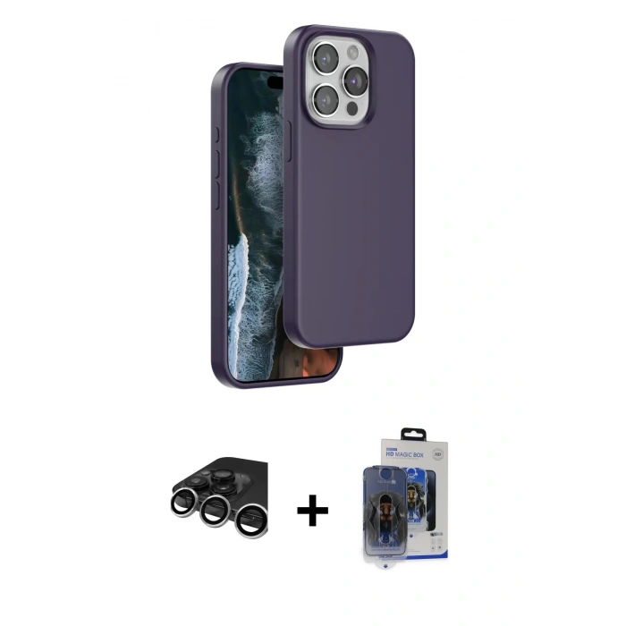 MARSİLYAN™- iPhone 15 Pro Max Kılıf Kıvılcım Çizgi Serisi - Siyah Vanessa Magic Cam + Gümüş Raze Metal Kamera Lens