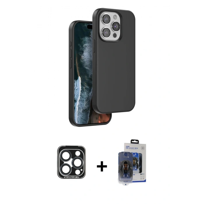 MARSİLYAN™- iPhone 15 Pro Max Kılıf Kıvılcım Çizgi Serisi - Siyah Vanessa Magic Cam + Lacivert PVD Metal Kamera Lens