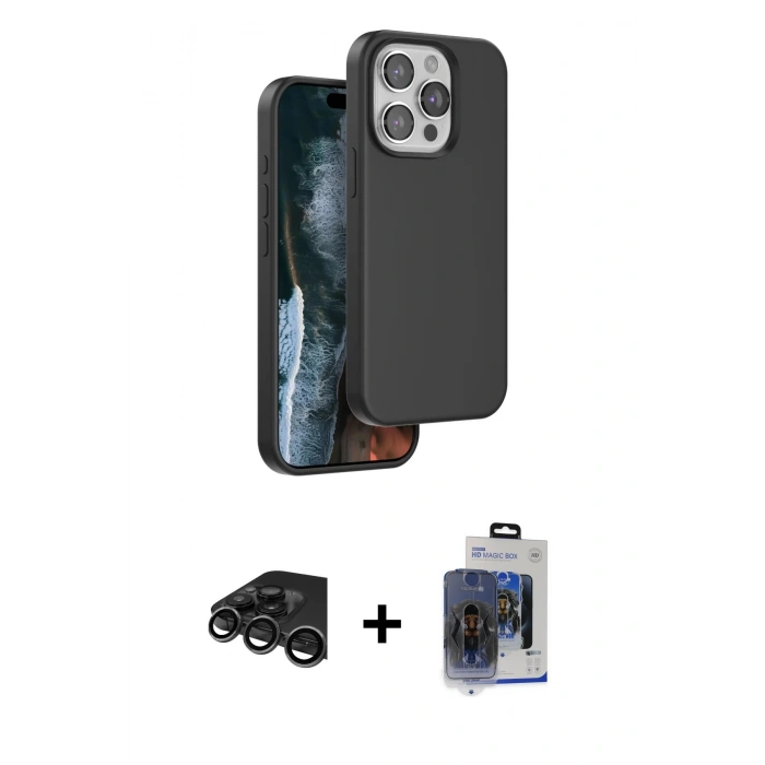 MARSİLYAN™- iPhone 15 Pro Max Kılıf Kıvılcım Çizgi Serisi - Siyah Vanessa Magic Cam + Raze Metal Kamera Lens - TMGI